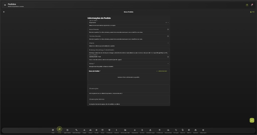 Tela de novo pedido do Pingú com tipo, cliente, itens e status